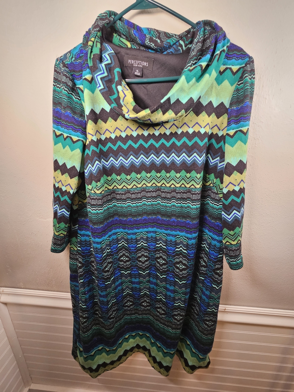 Perceptions Teal, Green & Blue Zigzag Cowl Neck Dress